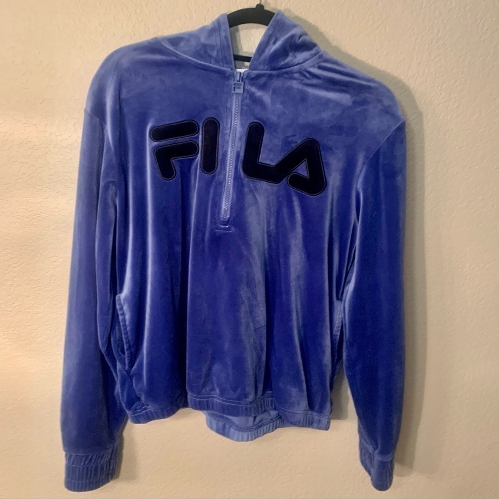 FILA Velour Hoodie Sweatshirt Medium Quarter-Zip Pockets Elastic Waist & Cuffs - Picture 12 of 15
